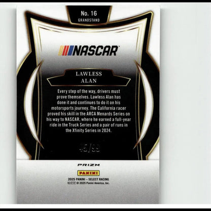Black and silver 2025 panini select alan white prizms nascar trading card with gold trim featuring driver lawless alan white