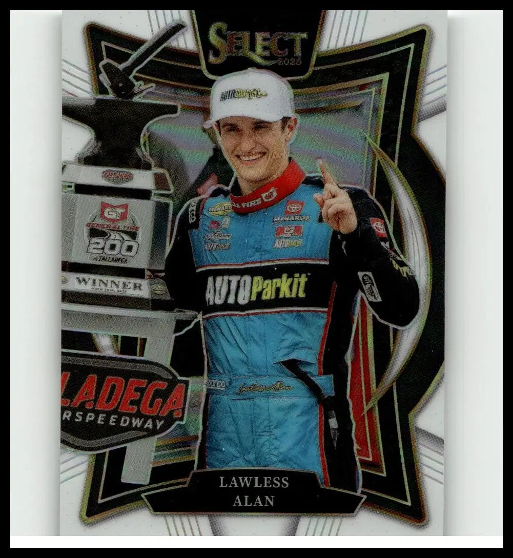 A 2023 panini select trading card featuring lawless alan in a blue and black racing suit with alan white prizms at daytona