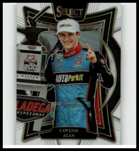 A 2023 panini select trading card featuring lawless alan in a blue and black racing suit with alan white prizms at daytona