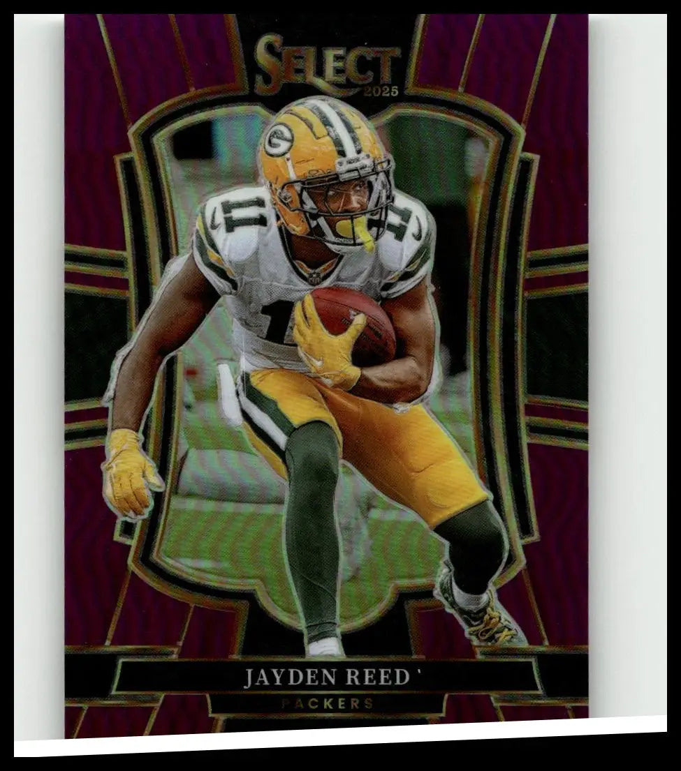 2025 panini select #166 jayden reed purple prizm football card featuring reed in white green jersey holding ball
