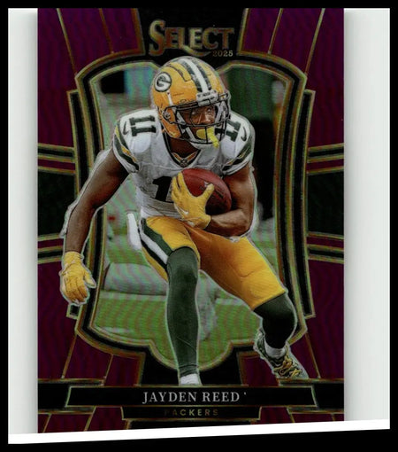 2025 panini select #166 jayden reed purple prizm football card featuring reed in white green jersey holding ball