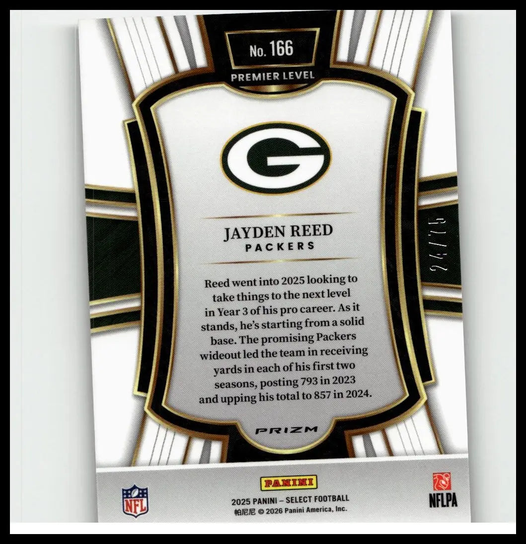 This is a white and black 2025 panini select jayden reed purple prizm NFL trading card with gold shield accents numbered 75