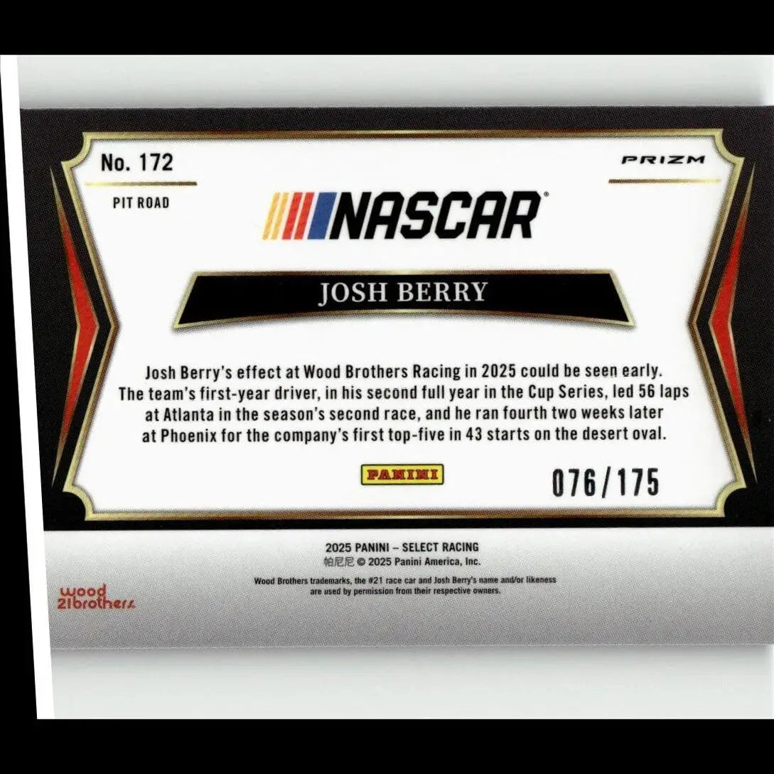Nascar trading card featuring josh berry blue prizms with black white and red design from 2025 panini select series