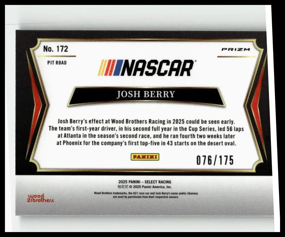 Nascar trading card of josh berry featuring blue prizms design in black white and red from 2025 panini select 172