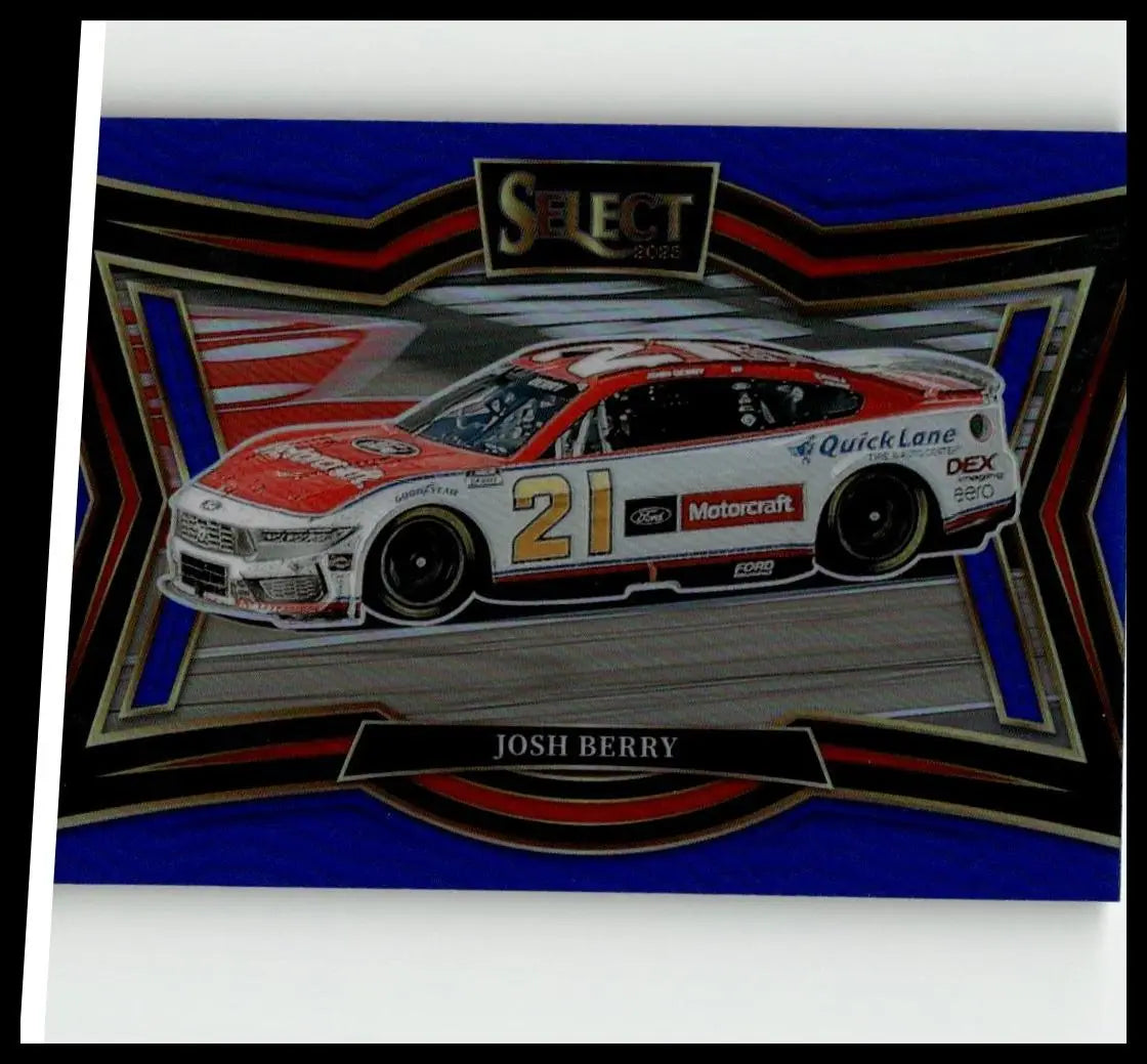 A red white and gold nascar race car with number 21 featured on the 2025 panini select josh berry blue prizms card