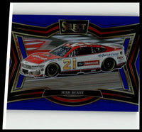 A red white and gold nascar race car with number 21 featured on the 2025 panini select josh berry blue prizms card