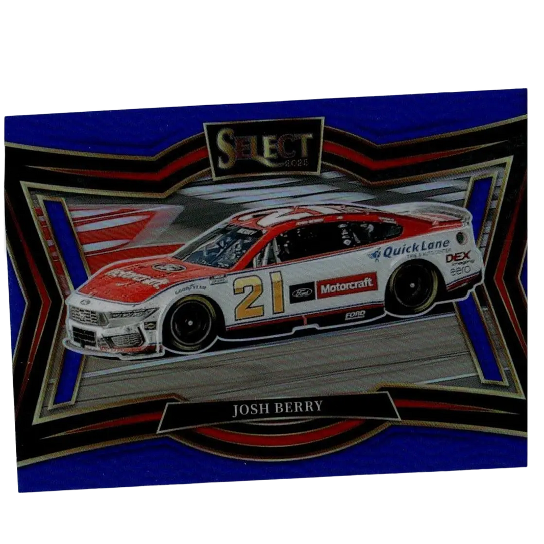 A red white and black ford nascar race car numbered 21 featured on 2025 panini select josh berry blue prizms card
