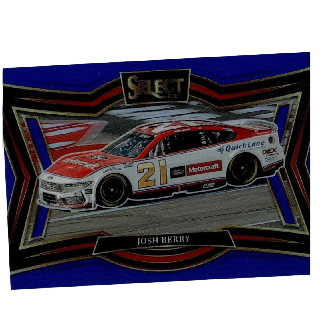 A red white and black ford nascar race car numbered 21 featured on 2025 panini select josh berry blue prizms card