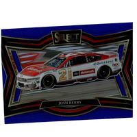 A red white and black ford nascar race car numbered 21 featured on 2025 panini select josh berry blue prizms card