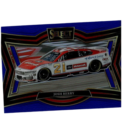 A red white and black ford nascar race car numbered 21 featured on 2025 panini select josh berry blue prizms card