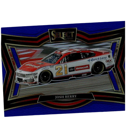 A red white and black ford nascar race car numbered 21 featured on 2025 panini select josh berry blue prizms card