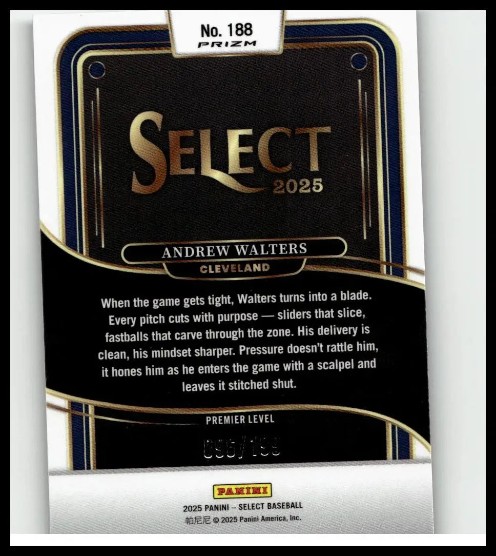 Black and gold 2025 panini select blue prizms baseball trading card featuring andrew walters with metallic finish