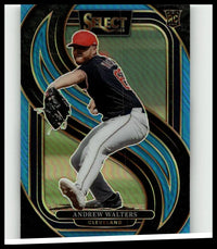 A 2025 panini select baseball card featuring andrew walters blue prizms mid-pitch with blue and gold background