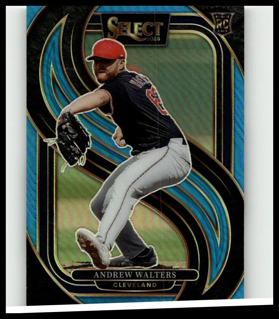 A 2025 panini select baseball card featuring andrew walters blue prizms mid-pitch with blue and gold background