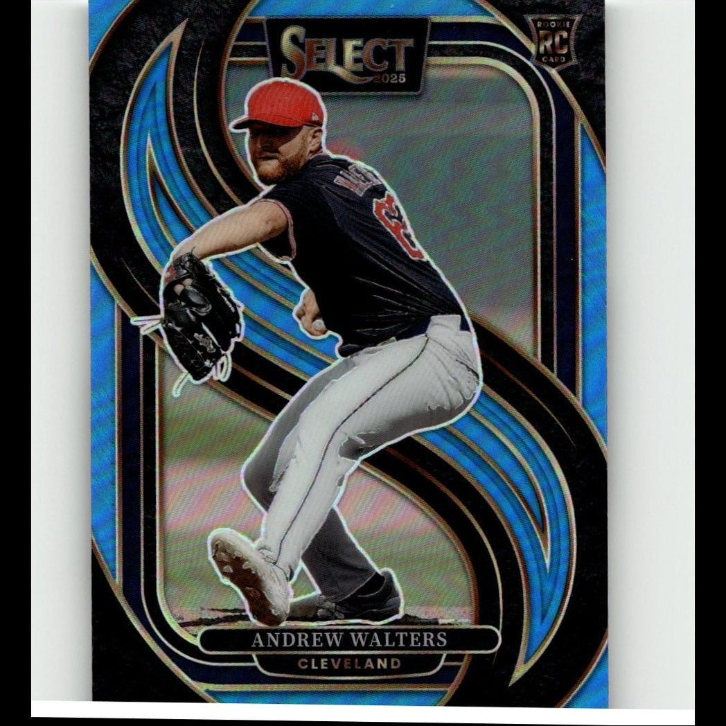 Blue and black holographic baseball trading card featuring andrew walters in a red cap, navy jersey with number 48, and white pants.