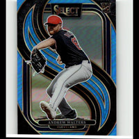 Blue and black holographic baseball trading card featuring andrew walters in a red cap, navy jersey with number 48, and white pants.