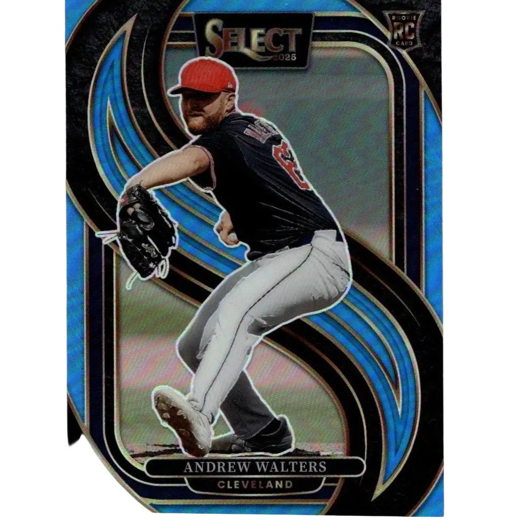 Blue and black holographic baseball trading card featuring andrew walters in a red cap, navy jersey with number 48, and white pants.