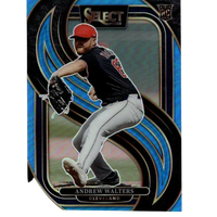 Blue and black holographic baseball trading card featuring andrew walters in a red cap, navy jersey with number 48, and white pants.