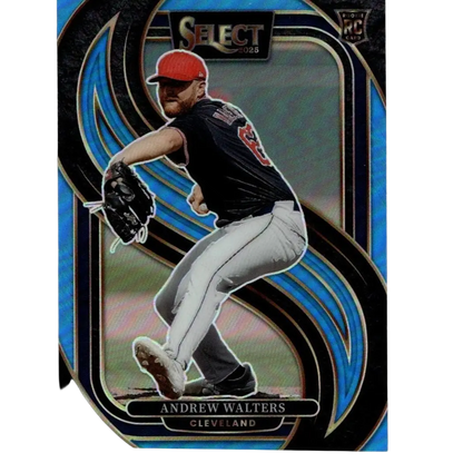 Blue and black holographic baseball trading card featuring andrew walters in a red cap, navy jersey with number 48, and white pants.