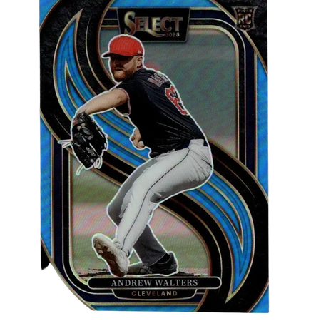 Blue and black holographic baseball trading card featuring andrew walters in a red cap, navy jersey with number 48, and white pants.