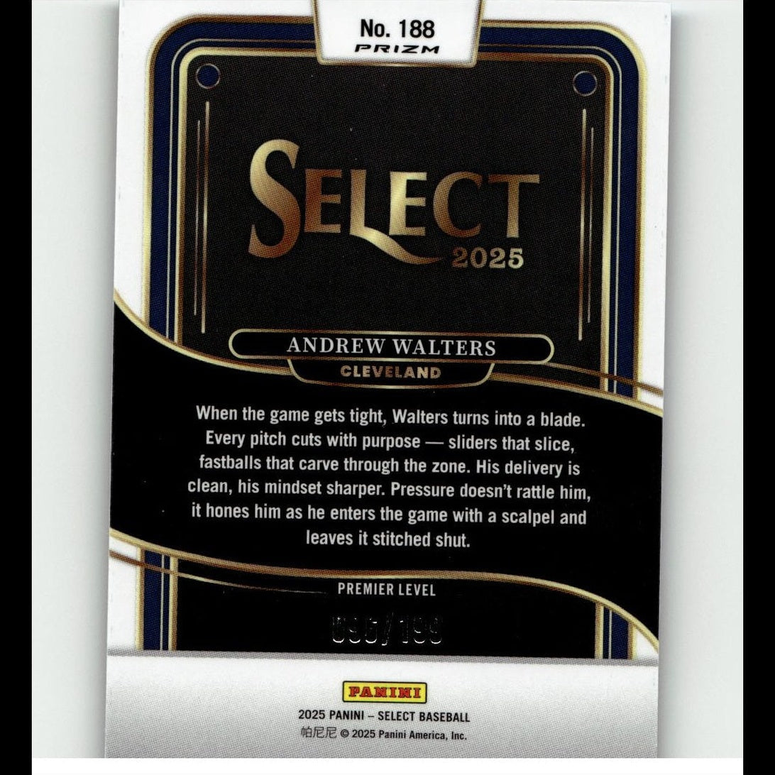 Black and gold baseball trading card featuring andrew walters of cleveland, part of the 2025 panini select series.