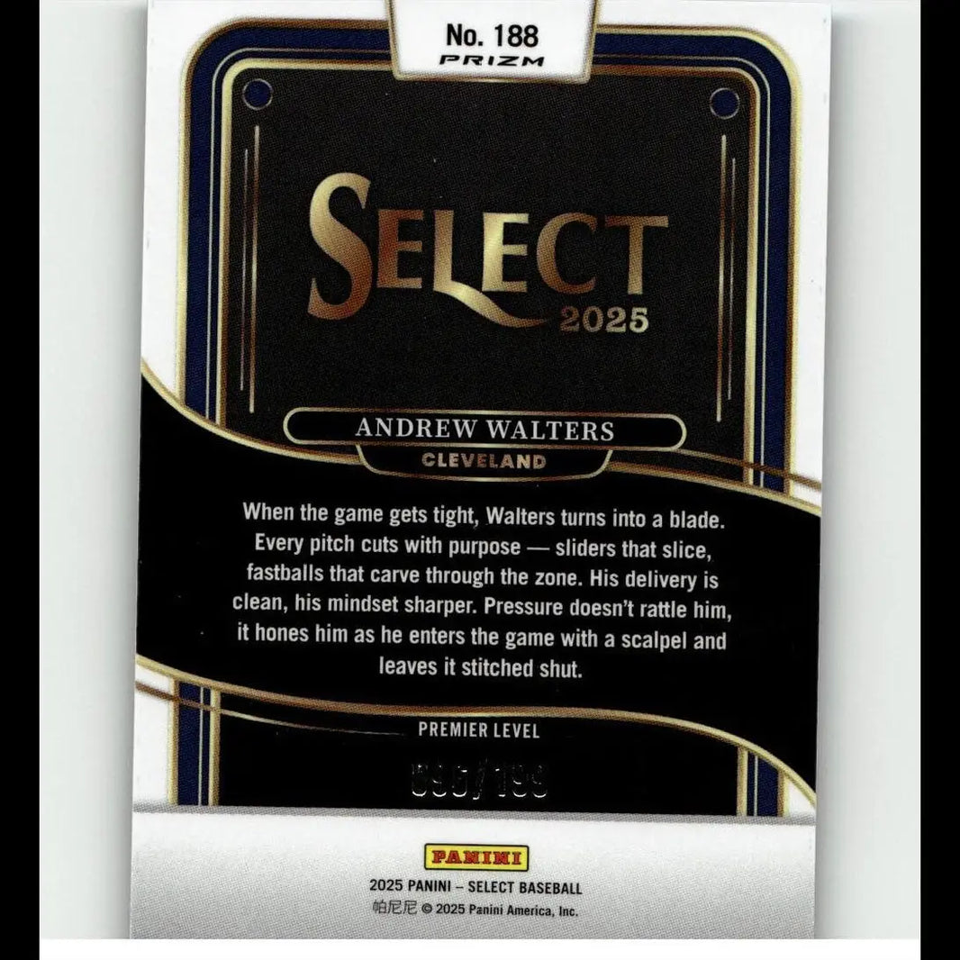 Black and gold baseball trading card featuring andrew walters of cleveland, part of the 2025 panini select series.