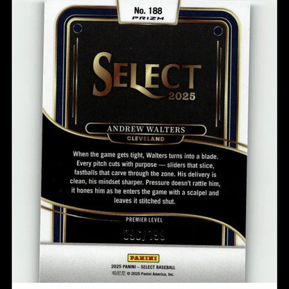 Black and gold baseball trading card featuring andrew walters of cleveland, part of the 2025 panini select series.