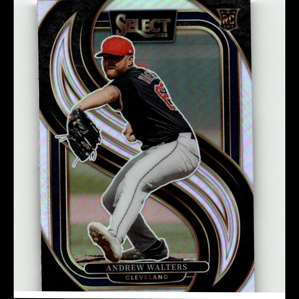 This is a 2025 select baseball trading card featuring andrew walters in his cleveland uniform, showcasing a dynamic pitching pose with bold black and silver holographic design elements.