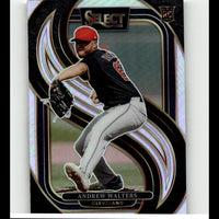 This is a 2025 select baseball trading card featuring andrew walters in his cleveland uniform, showcasing a dynamic pitching pose with bold black and silver holographic design elements.