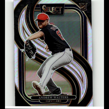 This is a 2025 select baseball trading card featuring andrew walters in his cleveland uniform, showcasing a dynamic pitching pose with bold black and silver holographic design elements.