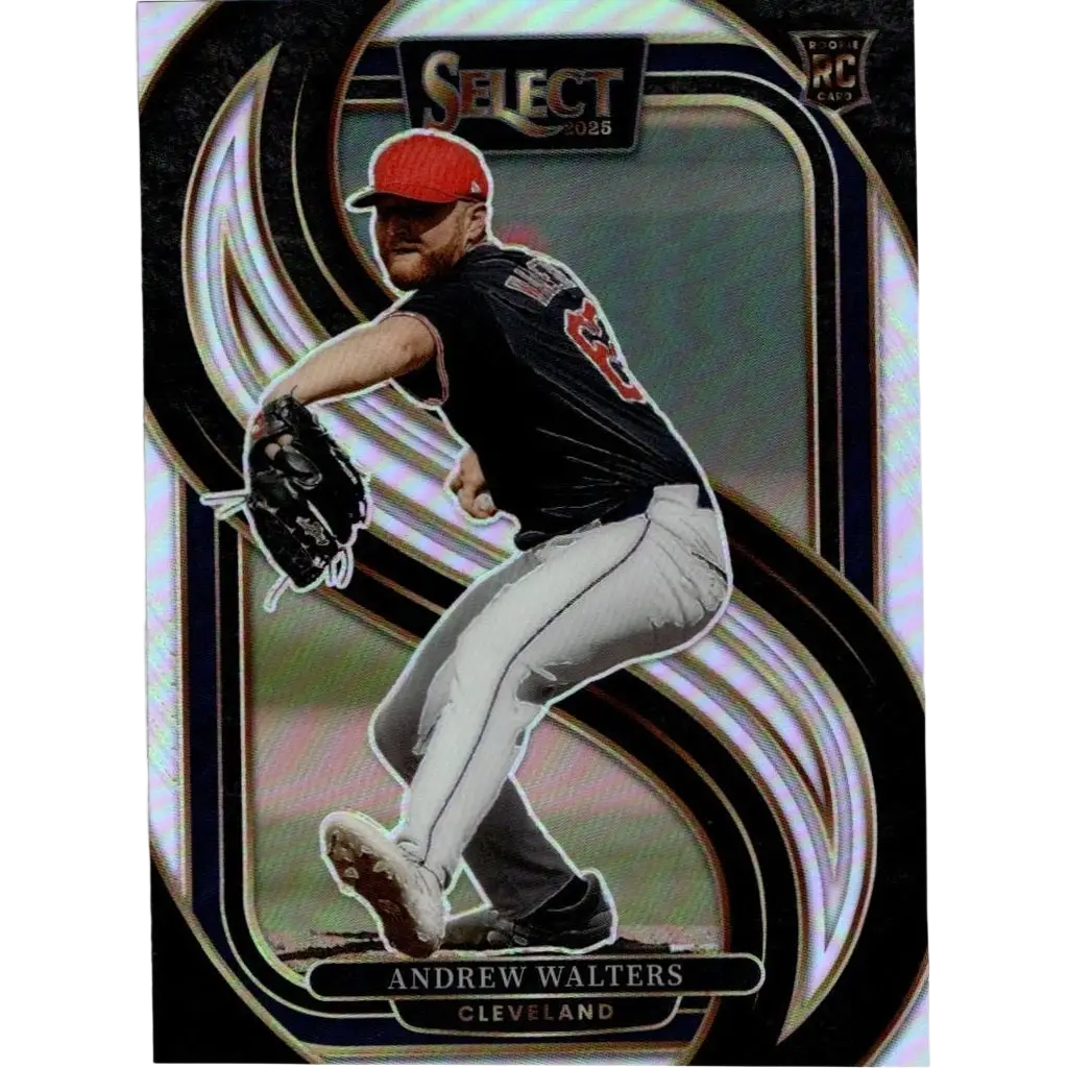 This is a 2025 select baseball trading card featuring andrew walters in his cleveland uniform, showcasing a dynamic pitching pose with bold black and silver holographic design elements.
