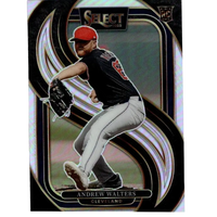This is a 2025 select baseball trading card featuring andrew walters in his cleveland uniform, showcasing a dynamic pitching pose with bold black and silver holographic design elements.