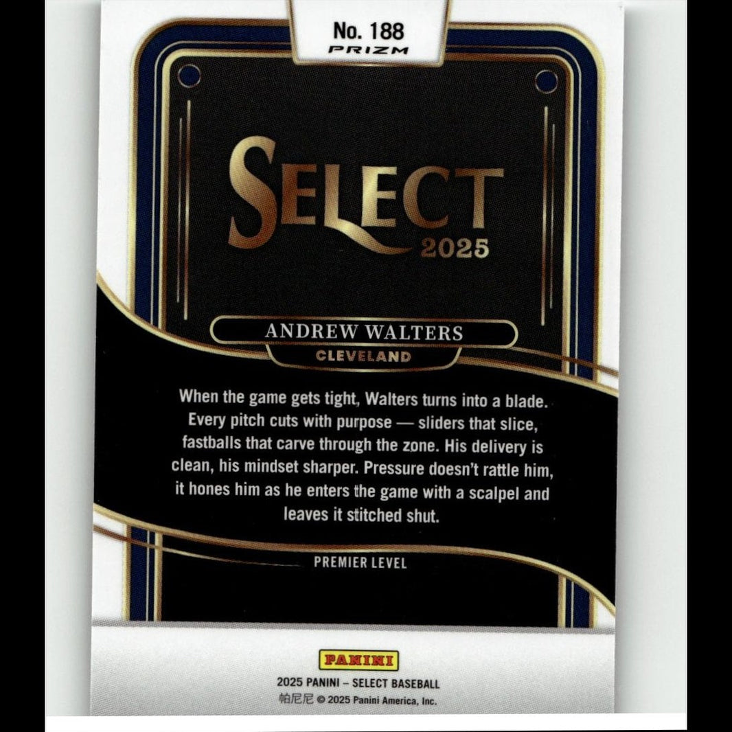 Black and gold ’select 2025’’ baseball trading card featuring andrew walters of cleveland.