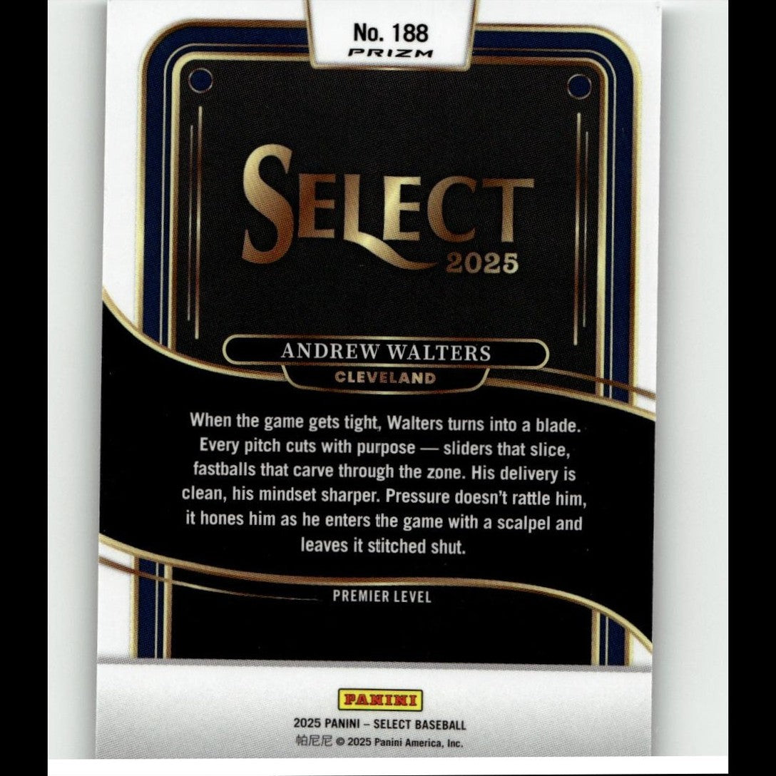 Black and gold ’select 2025’’ baseball trading card featuring andrew walters of cleveland.