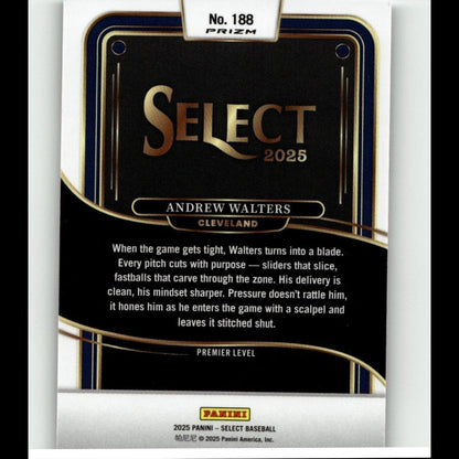 Black and gold ’select 2025’’ baseball trading card featuring andrew walters of cleveland.