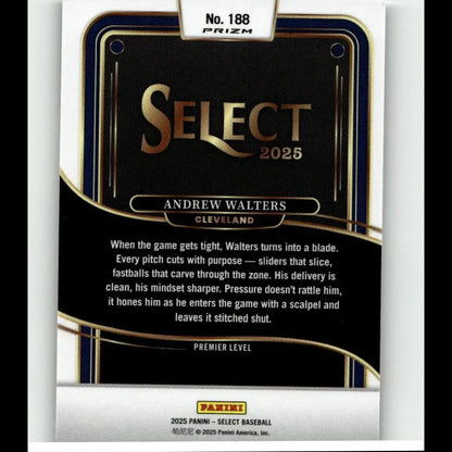 Black and gold ’select 2025’’ baseball trading card featuring andrew walters of cleveland.
