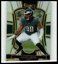 2025 panini select football trading card featuring jalen carter in dark green eagles jersey number 98