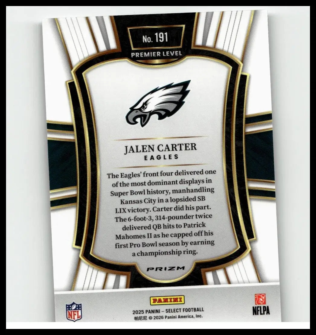 This 2025 Panini Select #191 Jalen Carter football card features black and white design with gold accents and prizm finish