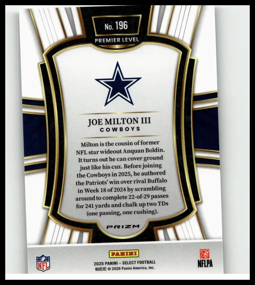 White black and gold framed 2025 panini select nfl trading card featuring dallas cowboys joe milton iii silver prizm