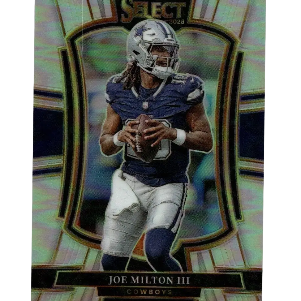 Silver helmet with star emblem worn by joe milton iii in dallas cowboys uniform on 2025 panini select iii silver prizm card