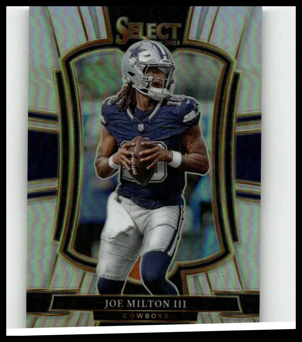 2025 panini select #196 joe milton iii silver prizm trading card featuring milton iii in navy blue jersey and silver helmet
