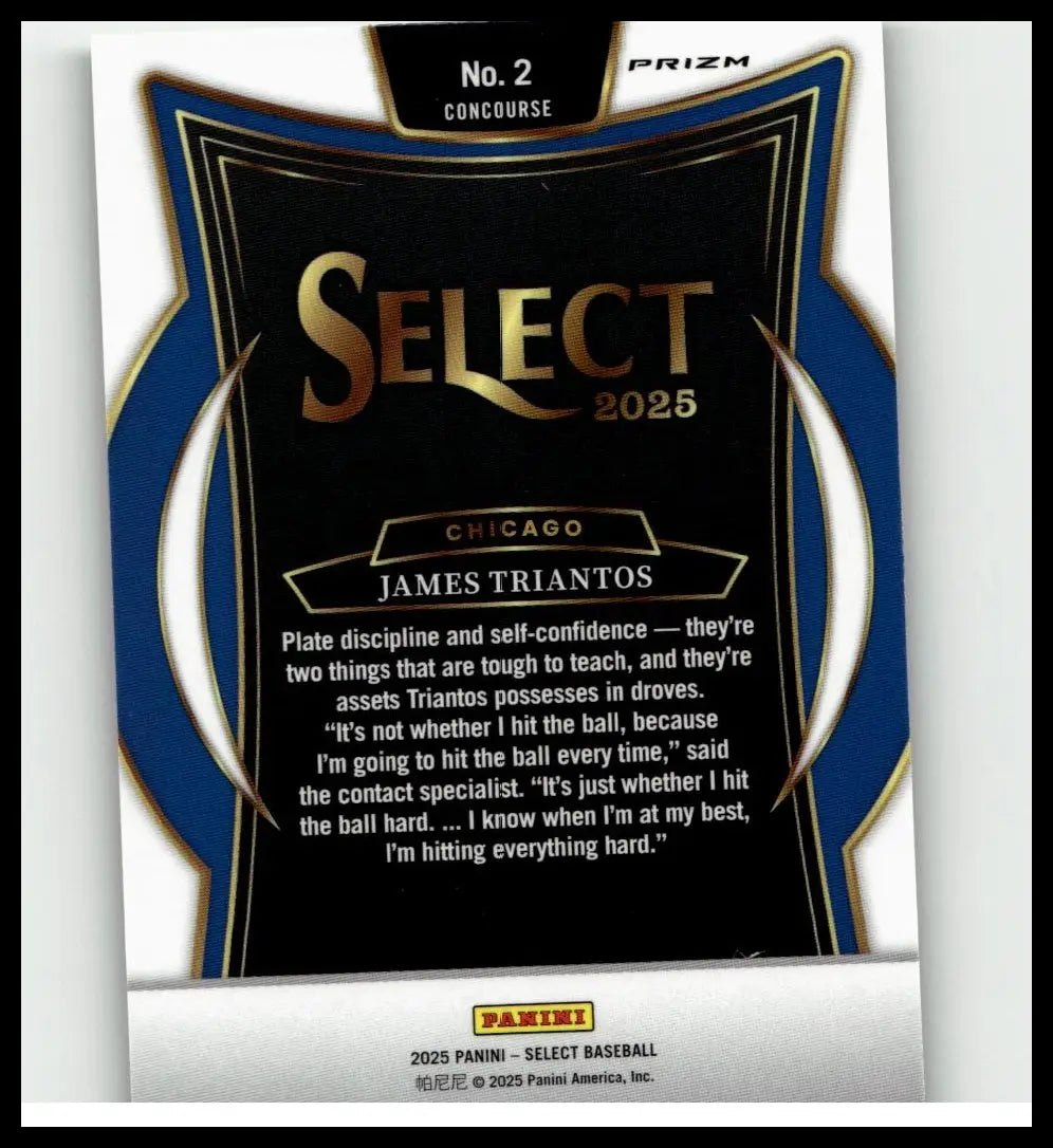 Black and blue 2025 panini select baseball card with gold foil lettering featuring james triantos green flash prizms
