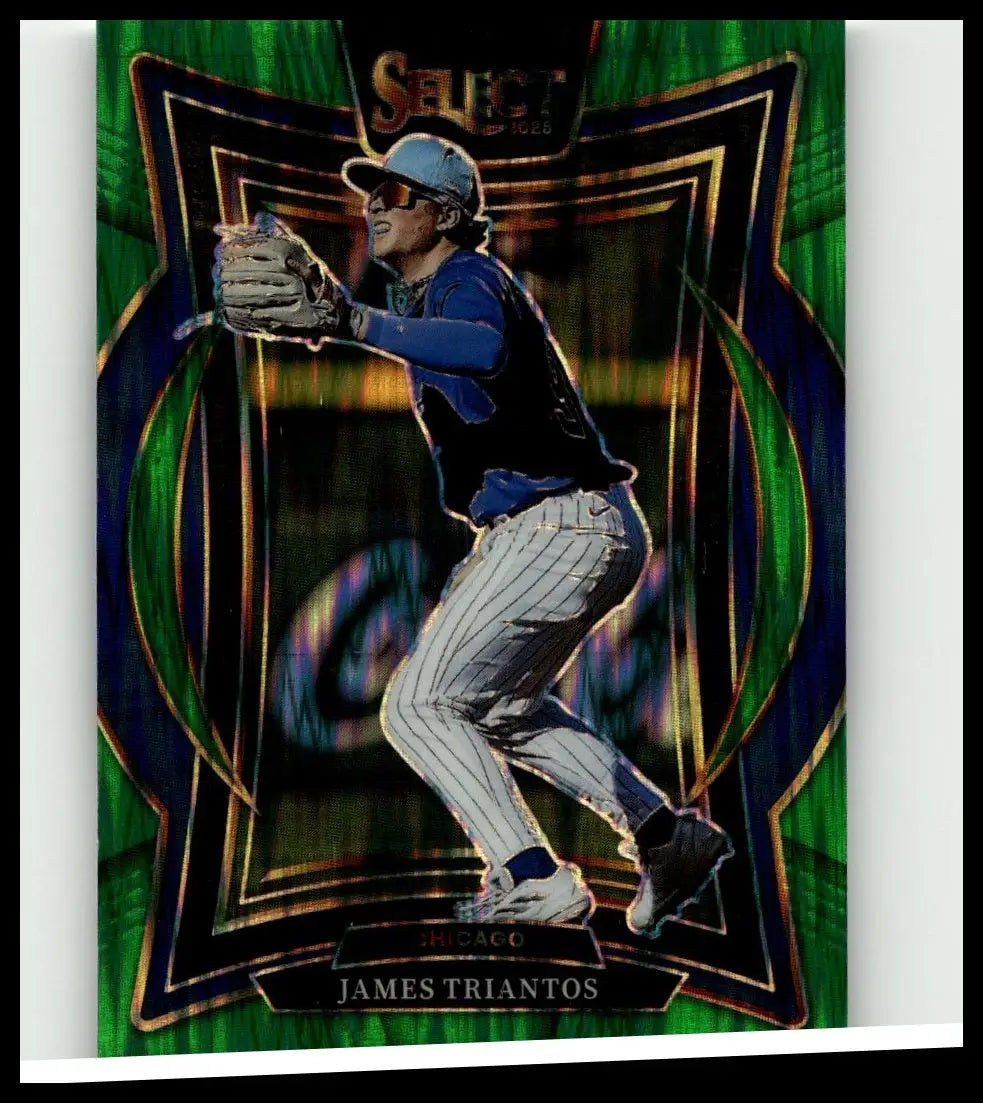 Green and black holographic 2025 panini select baseball trading card featuring james triantos in chicago uniform james triantos green flash prizms