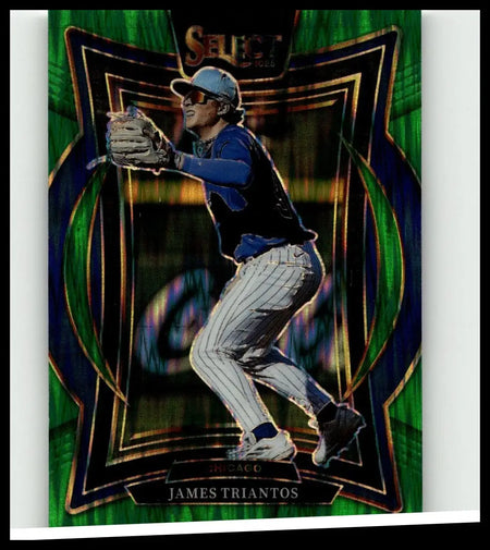 Green and black holographic 2025 panini select baseball trading card featuring james triantos in chicago uniform james triantos green flash prizms