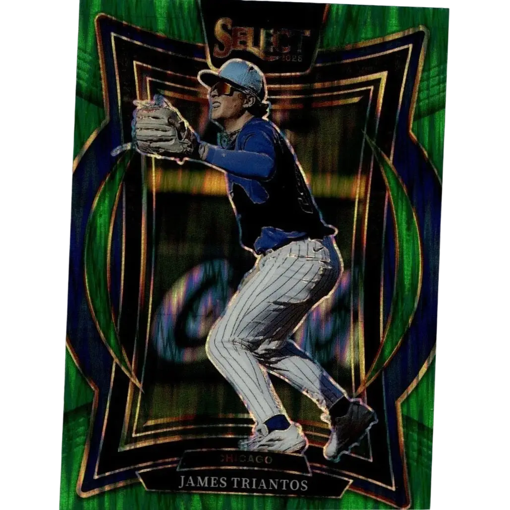 Green and blue holographic 2025 panini select baseball trading card featuring james triantos green flash prizms