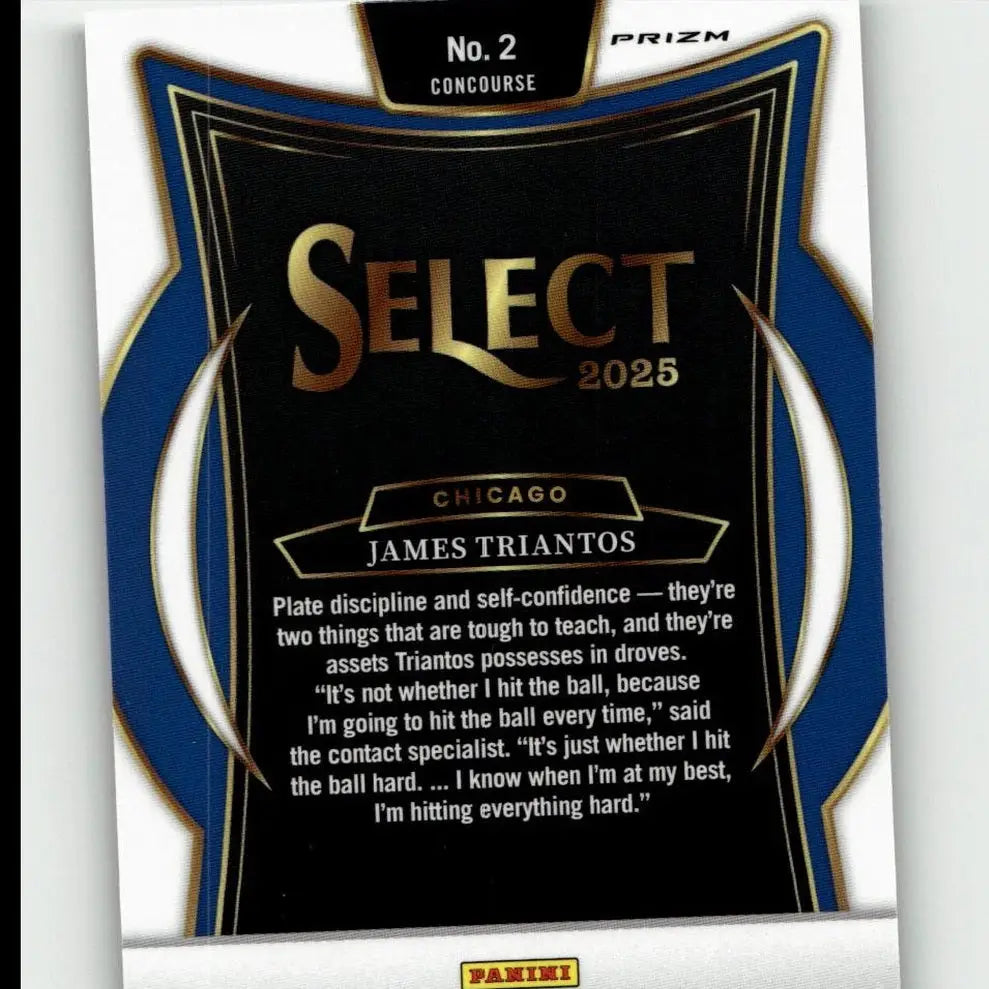 Black and blue 2025 panini select baseball card featuring james triantos with gold foil and green flash prizms