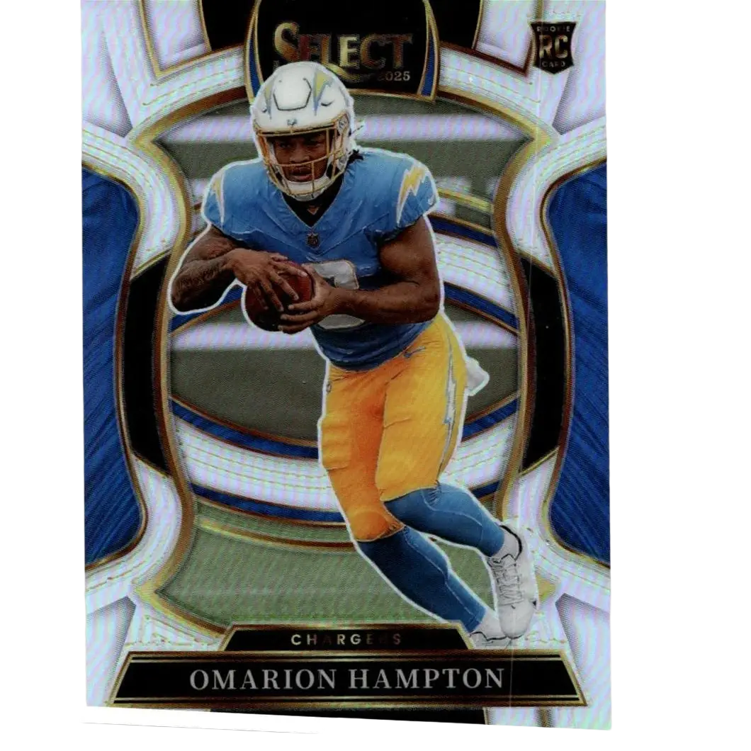 2025 panini select #2 omarion hampton silver prizm rookie card featuring hampton in blue and yellow chargers uniform