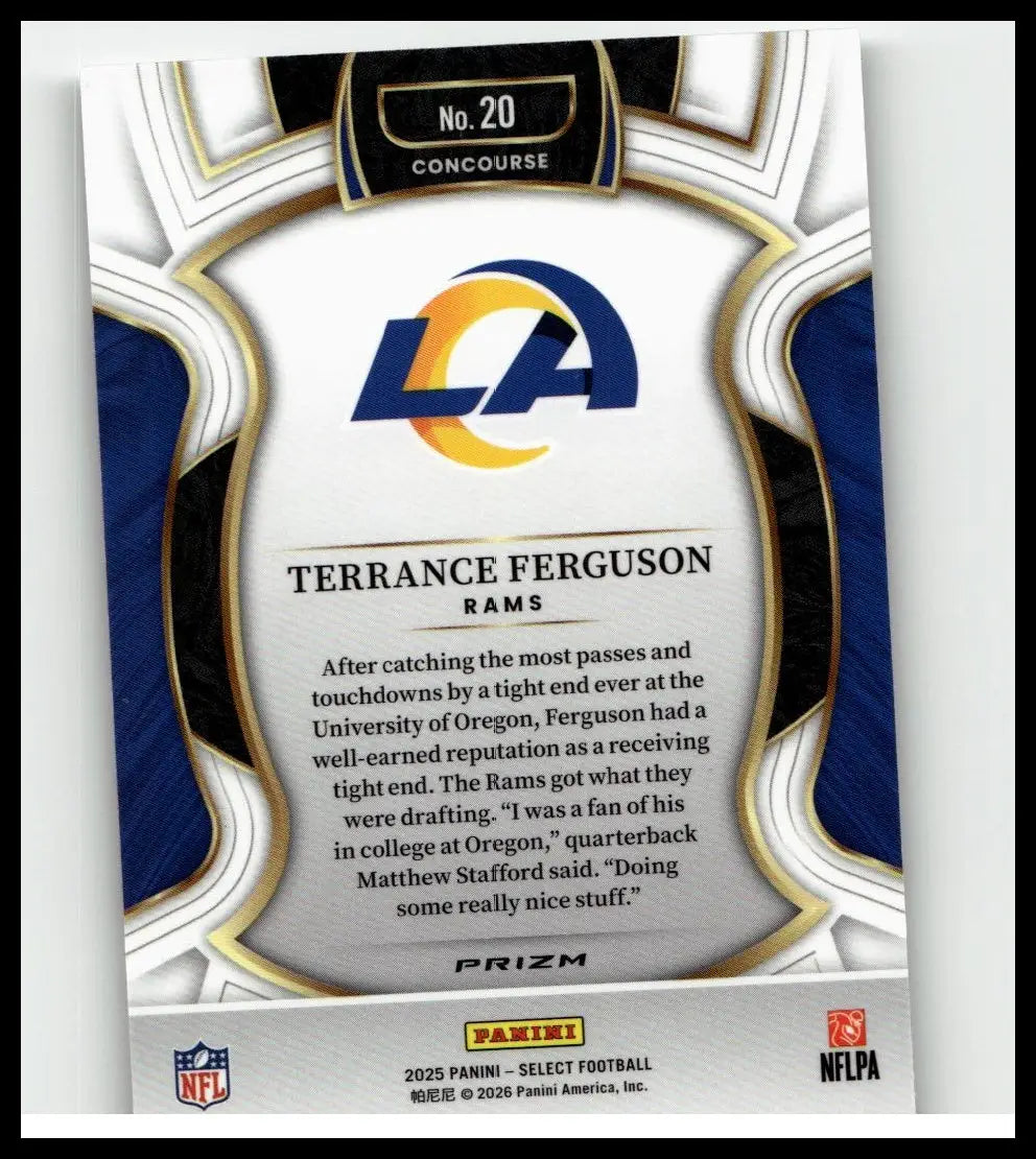 This 2025 panini select terrance ferguson silver prizm football card features silver and blue design with gold trim