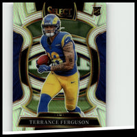 Blue and gold los angeles rams football trading card featuring terrance ferguson in terrance ferguson silver prizm uniform