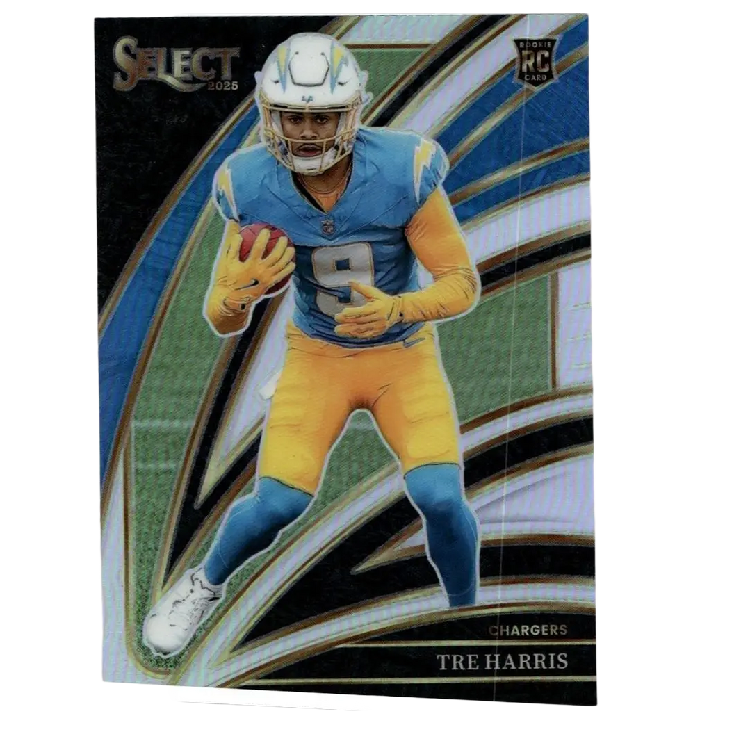 2025 panini select rookie card #201 featuring tre harris in blue and yellow los angeles chargers uniform action figure
